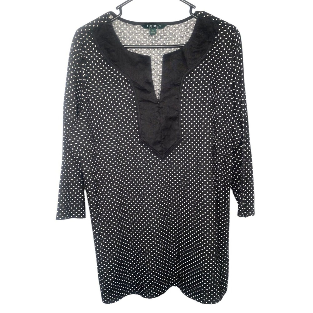 Lauren Ralph Lauren Womens Top Size 1X Black & White Polka Dot 3/4 Sleeve luxury